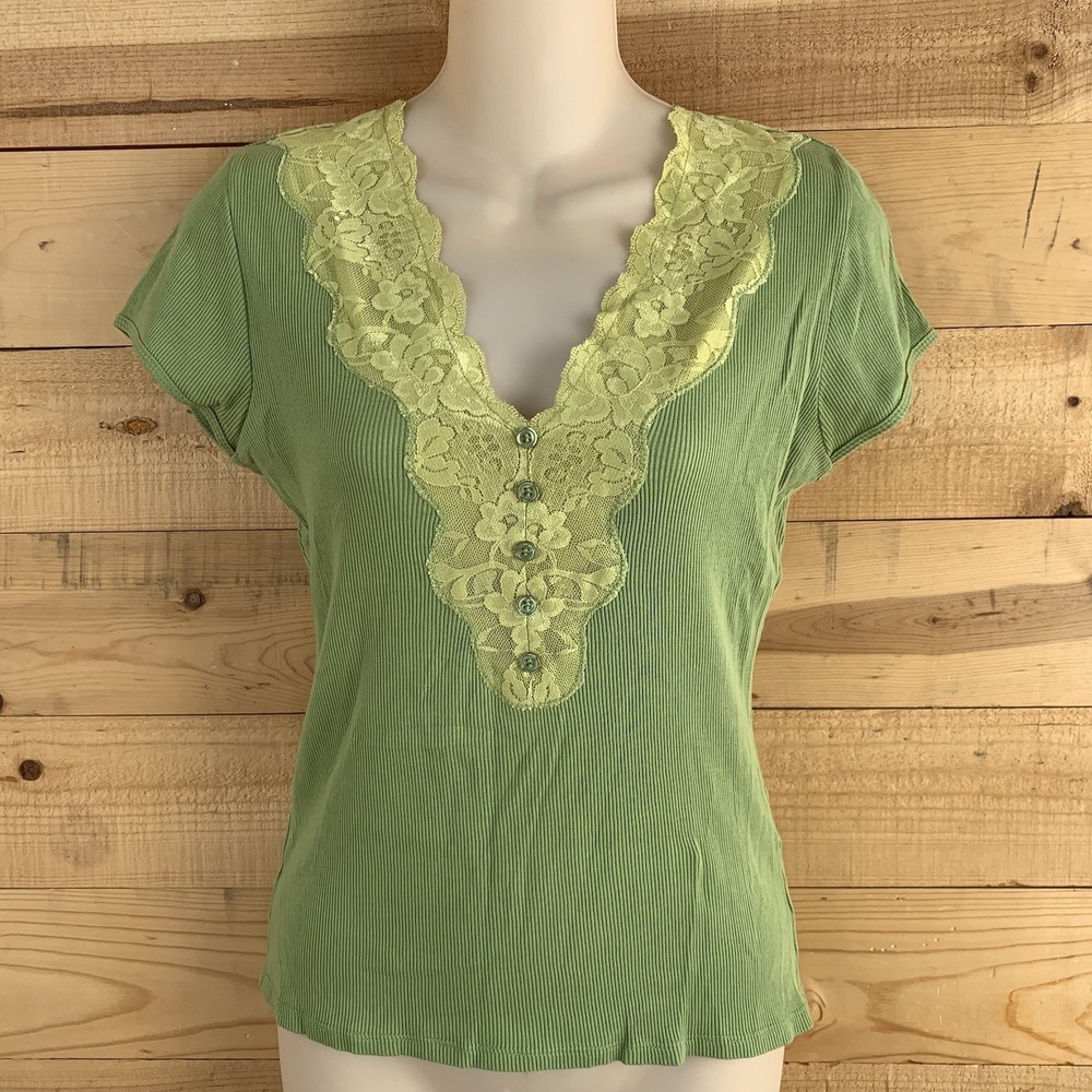 Y2K August Silk Top Size Small Lime‎ Green Lace Trim Fairycore Stretchy
